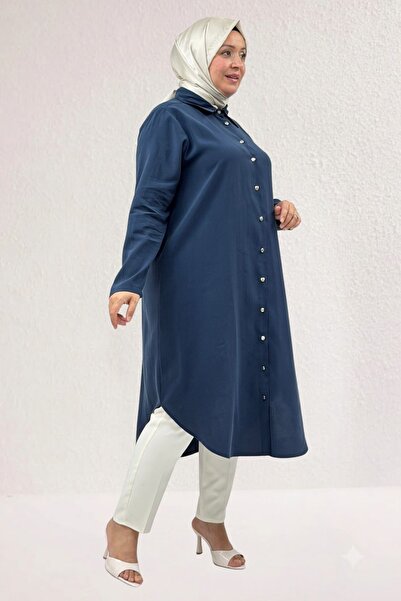 Eslina 68062 Plus Size Buttoned Cupra Tunic - Navy Blue