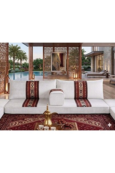 Xboat Arabic Majlis Floor Sofa, white Velvet with Traditional Tribal Pattern,...
