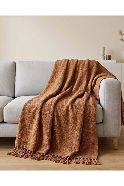 REDTAG Brown Plain Chenille Throw with Gold Metallic Yarn