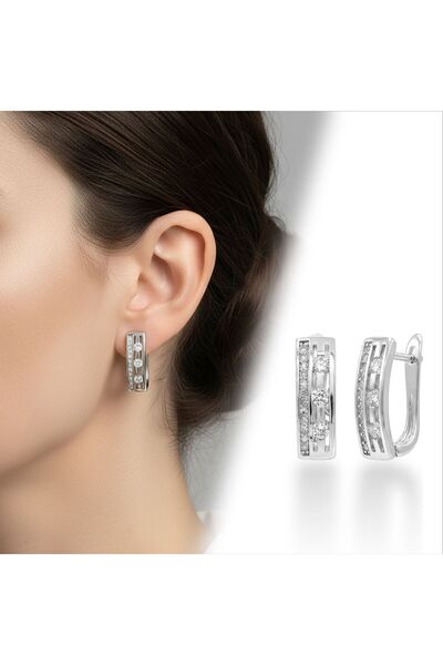 Mestore Geometric Frame Stone Detailed Vip Hoop Earrings White-Yellow 3168Kku...