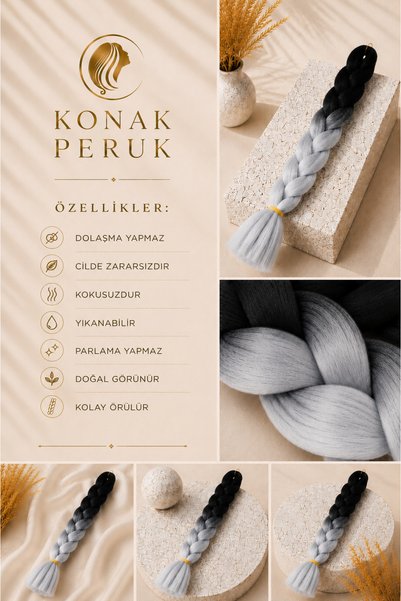 KONAK PERUK Afrika Örgüsü Ve Rasta İçin Sentetik Saç - 2 Renkli / Siyah - Açık Gri