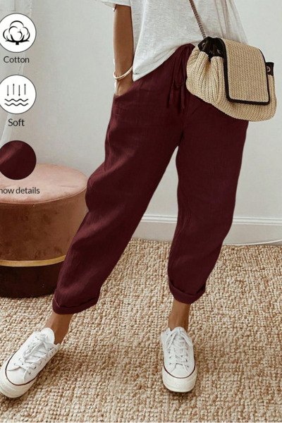 COOL TARZ Women's Linen Blend Elastic Waist Lace-Up Comfortable Fit Pants