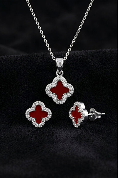 Roza Silver 925 Ayar Gümüş Rodyum Kaplama Kırmızı Mineli Özel Tasarım Kolye K...