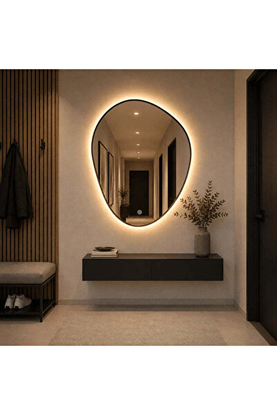 RFAN Oglindă LED Premium Asimetrică cu Ramă Neagră 70×90 cm, Iluminare de Fun...