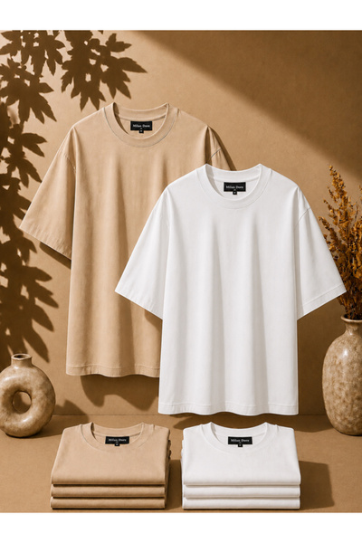 MİLANDORE 2-Pack Unisex Beige-White Oversize T-Shirt Set - Crew Neck Basic T-...