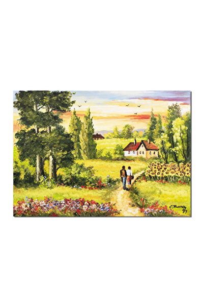 artnova Tablou living pictat manual, Peisaj cu floarea soarelui si case, 70x5...