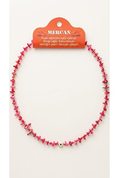 Ceyyiz Kadın Doğal Mercan Taşlı Nazar Boncuklu Kolye - 45 cm Pembe Mercan Taş...