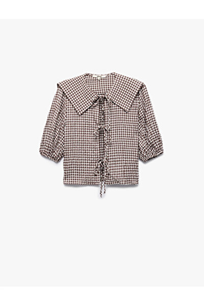 Koton Women's Collared Half Balloon Sleeve Lace-Up Bow Detailed Gingham Crop ...