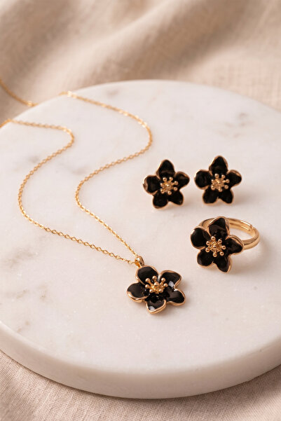 AURRARİ Black Color Sakura Flower Necklace Earrings Ring Set in Gift Box