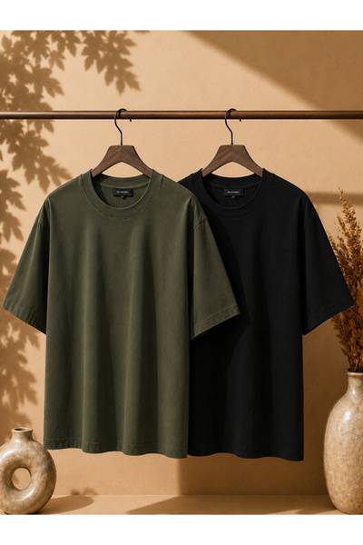 MİLANDORE 2-Pack Unisex Khaki-Black Oversize T-Shirt Set - Crew Neck Basic T-...