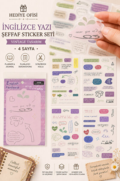hediyeofisi English Fantasia Yazı Sticker Seti 4 Sayfa Şeffaf Scrapbook Ajand...
