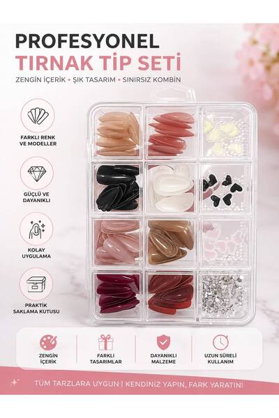 Acarlar Ticaret Takma Tırnak Seti - 4 Bölmeli Kutulu, Çeşitli Nail Art Taşlar...