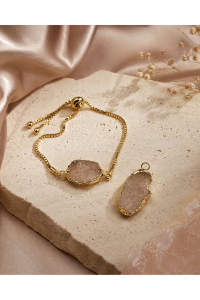Kristal Kuvars Doğal Taş Bileklik ve Kolye Seti Gold Zincirli Unisex