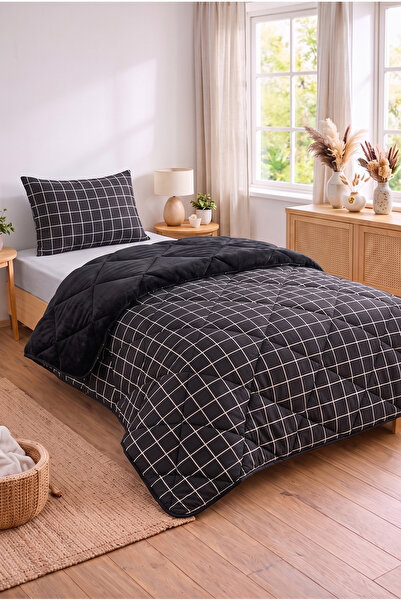 YALITEKS HOME Siyah Kare Desenli Welsoft Tek Kişilik Yorgan Seti | 1 Adet Yor...