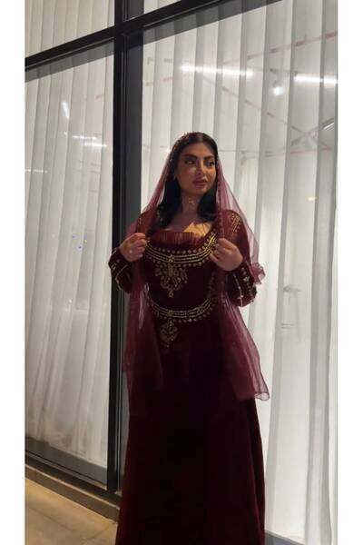 NALA FASHION Traditional Evening Dress in Luxurious Wine Red Color,