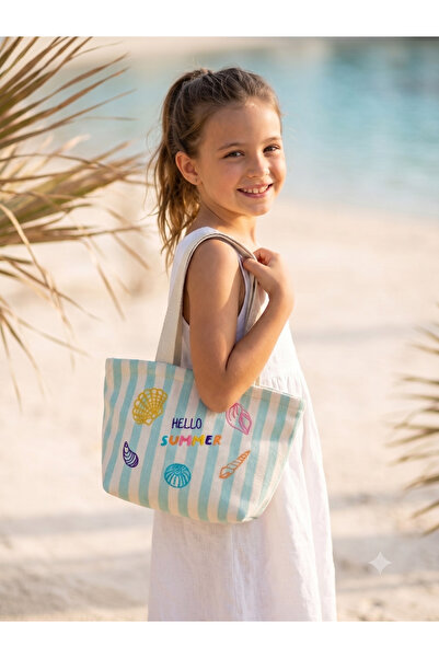 ICONE BAG Çocuk Plaj Çantası, Nakışlı Çizgili Kız Plaj Çantası, Kids Beach Ba...