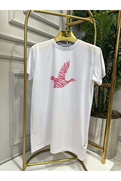 ALANURMODA 20400-5 Μπλούζα με στάμπα πουλιών στο μπροστινό μέρος, λευκό φούξια