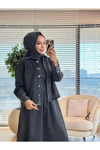 ALANURMODA 7525 جيليه توب شيرت طقم جينز من قطعتين أنثراسايت