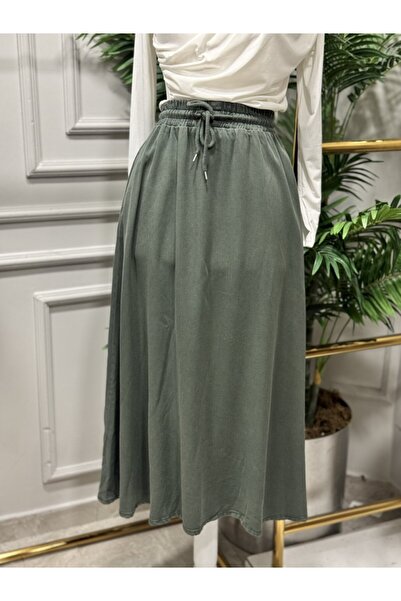 ALANURMODA 3322 Tencel Elastic Waist Flared Skirt Khaki