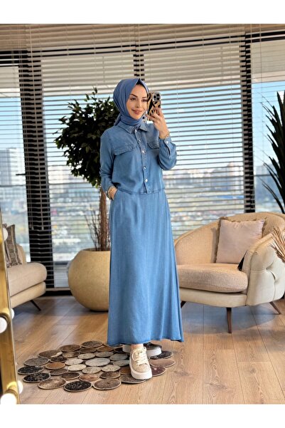 ALANURMODA 7427 Tencel Metal Buttoned Skirt Suit Blue