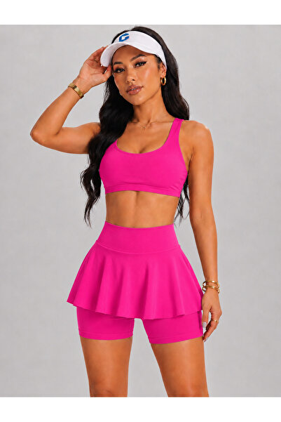 MAROVOAY Women's High Waist Inner Leggings Mini Sport Skirt-Crop 2 Piece Set