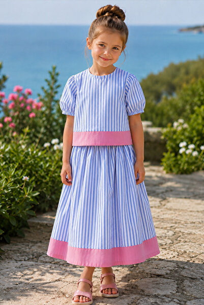 Masnu Çocuk Girl's Striped Blue Pink Midi Length Summer Skirt Short Balloon S...