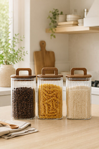 welcomein 700 ml Ahşap Kapaklı Kulplu Kare Cam Kavanoz 3’lü Set – Bakliyat, K...