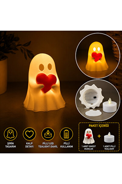 Memania Co Kalp Tutan Sevimli Hayalet Ghost Led Tealight Mumluk Dekoratif Gec...