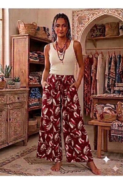 AYASOFYA OTANTIK Women's Multi-Colored Wide-Legged 100% Viscose Trousers with...