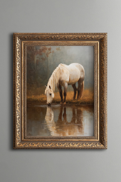 epiqart White Horse – Vintage Patterned Painting – Thick Model