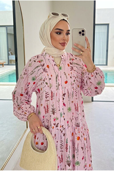 Kirazca Butik Kadın Botanik Desenli Volanlı Uzun Tesettür Elbise (ASTARSIZ)