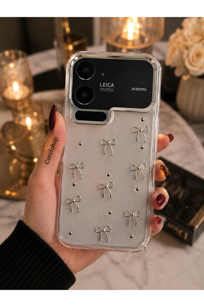 corcishop Mi 17 Pro Max Kılıf Fiyonk Desenli Şeffaf Simli Gümüş Kamera Çıkınt...