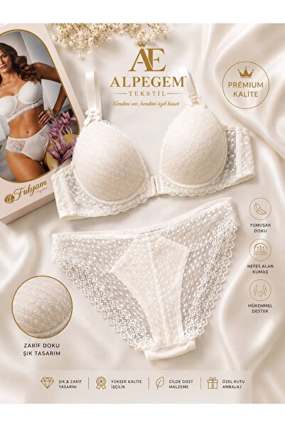 Alpegem Tekstil ALPEGEM Premium Ekru Kadın Dantelli ve Dolgulu Sütyen Külot T...