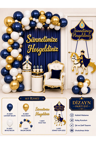 Dizayn Parti Evi Grand Sünnet Seti Lacivert Beyaz Gold / Gri Balonlu Sünnet O...