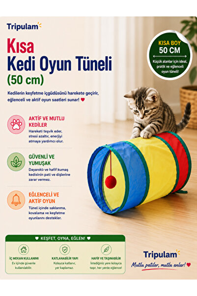 TRİPULAM Kısa Kedi Oyun Tüneli (50 cm) – Katlanabilir Toplu İnteraktif Kedi O...