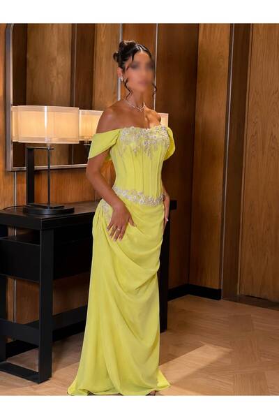 Bamah Elegant and Soft Lemon Yellow Long Evening Dress for Mature Women