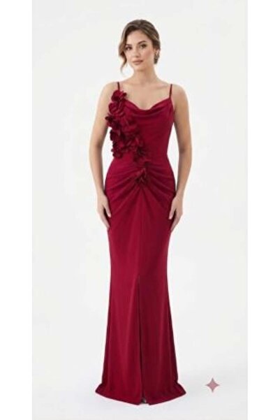 unbranded Women's Burgundy Evening Dress with Cowl Neck and 3D Floral Details