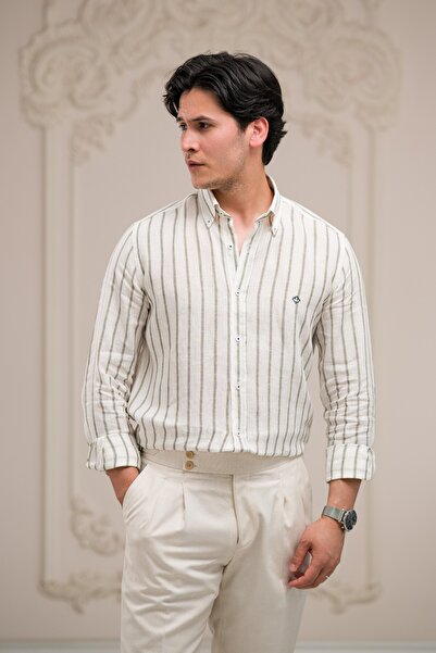 Paul Martin Regular Fit Buttoned Collar Striped Raw Linen Shirt