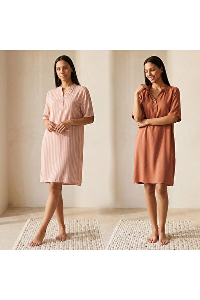 FAV Set of 2 - Intimates Knee Length Night Dress Short Sleeves Mandarin Colla...