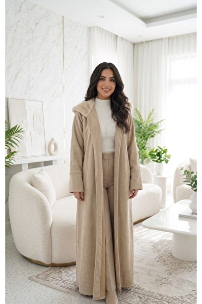 alqarat Layers Long Winter Cardigan - Plush Suede Jacket with Fur Hood
