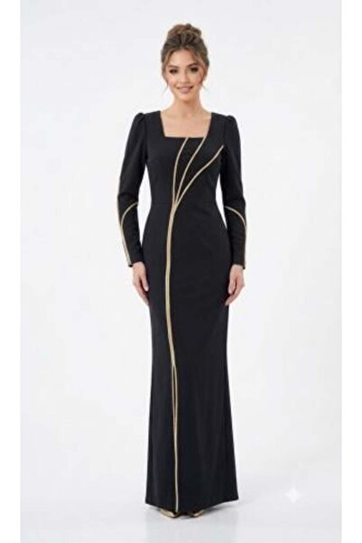 unbranded Women's Black Long Sleeve Maxi Evening Dress with Gold Trim Detail ...