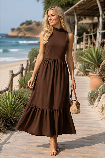 DEEP FAIR Women's Stand Collar Sleeveless Midi Dress with Flounce Detail Cm26...