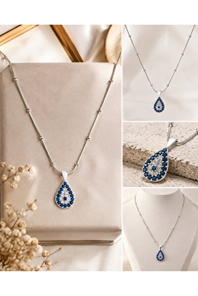 YİĞİTKARANAKSESUAR Stainless Steel Silver Color Evil Eye Bead Necklace