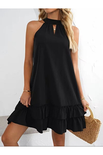 Beruflic Women's Off-The-Shoulder Halter Neck Ruffled Short Sandy Dress