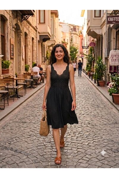 AYASOFYA OTANTIK Women's Italian Black Strappy Lace Detailed Lined Viscose Mi...