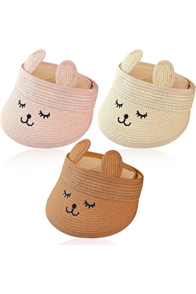 Arabest 3-Piece Baby Straw Visor Hat,Kids Summer Empty Top Sun Hat,Rabbit Ear...
