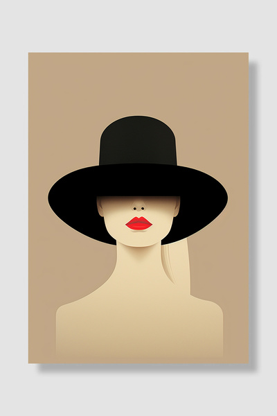 Luna Marissa Poster minimalist Femeie cu pălărie neagră Buze roșii Fundal bej...