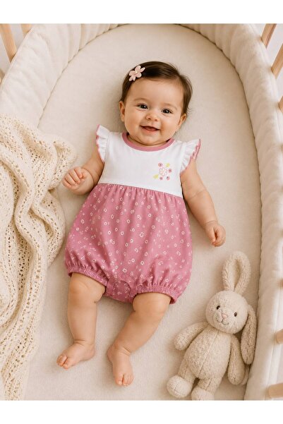 Ferasty İstanbul Kız Bebek Tulum Pembe Çiçekli Mother Love %100 Organic Pamuk