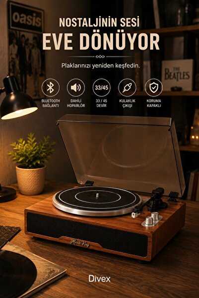 Divex Nostaljik Ahşap Pikap – Bluetooth, Dahili Hoparlör, 33/45 Devir, Kulakl...