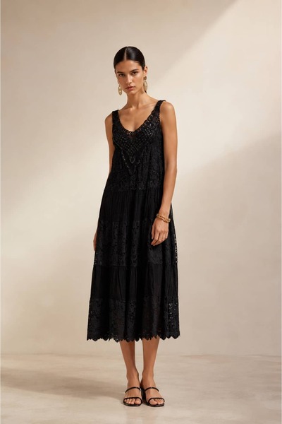 Punta Otantik Nc11176 Italian Strap Silk Dress with Sequins and Lace Detail B...